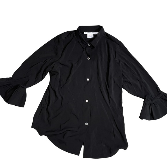 Gretchen Scott Designs Tops - Gretchen Scott Large Black Full Button Collared Blouse Bell Sleeve Poly Blend